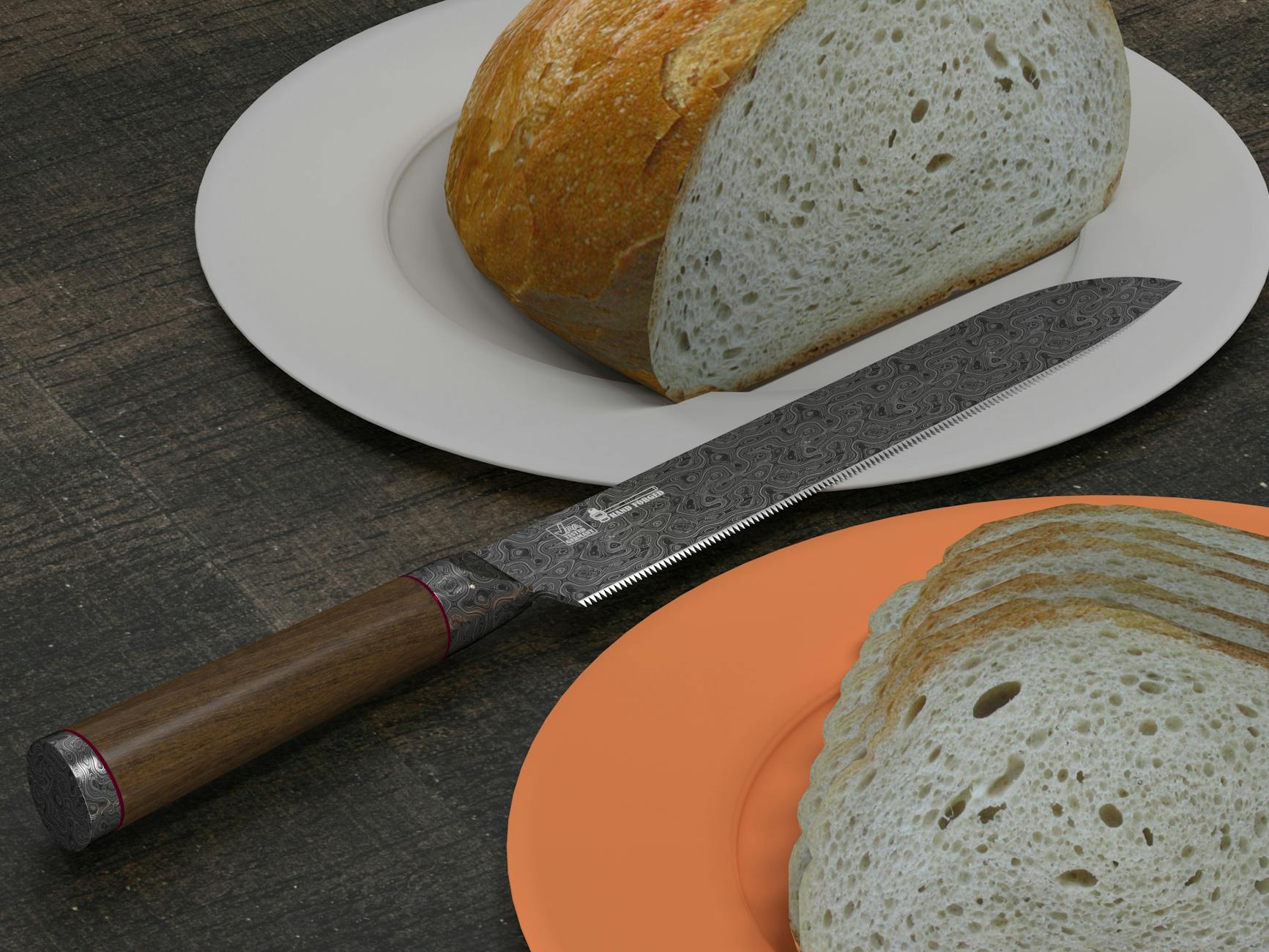 Artisan bread with a custom-designed bread knife on rustic wooden table setting.